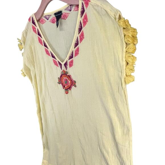Moda International Y2K Tunic Top S Butter Yellow Embroidered Tassels Boho Beach - Picture 2 of 11